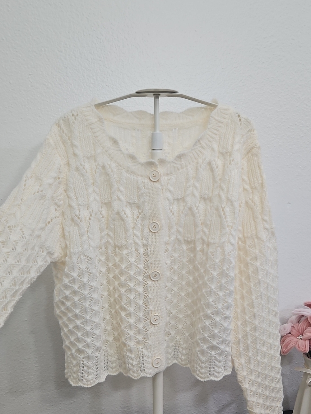 Women's Cream Open-Knit Button-Front Cardigan